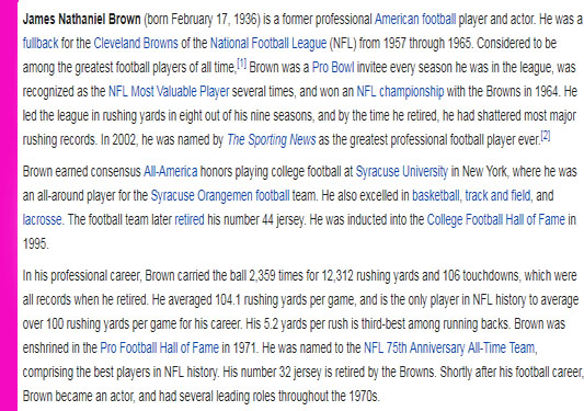 statitics of mr. Jim Nathaniel Brown